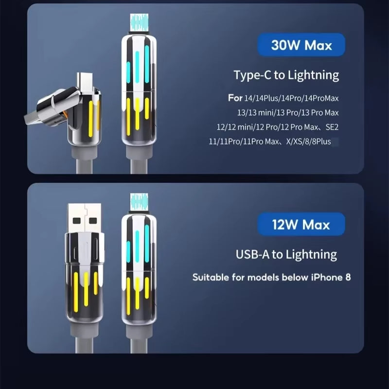 2M Breathing Led Light Column Four-In-One Cord Zinc Alloy USB-C 4 in 1 240W Fast Charger Mobile Phone Charging Cable